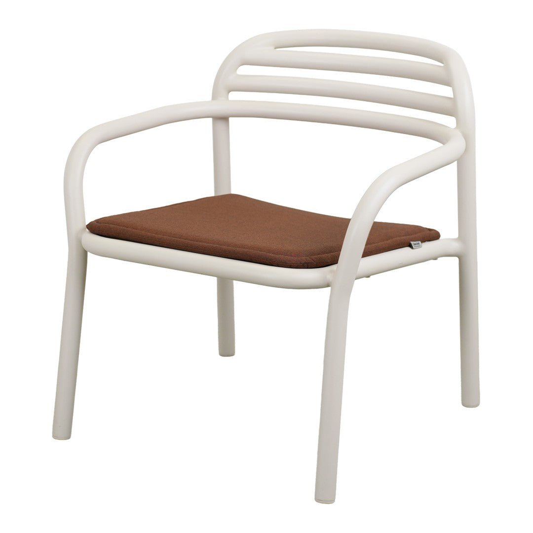 White striped chair with a brown cushioned seat, adding a modern touch to your space.