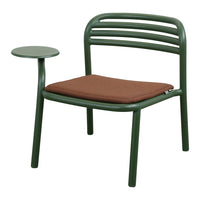 Green metal chair with a brown cushion and a matching side table, featuring sleek, modern lines.