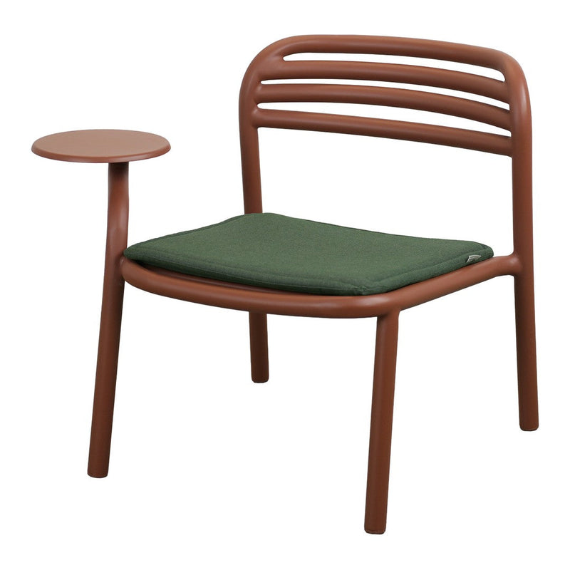 Brown wooden chair with green cushion and circular side table, featuring a modern, minimalist design.