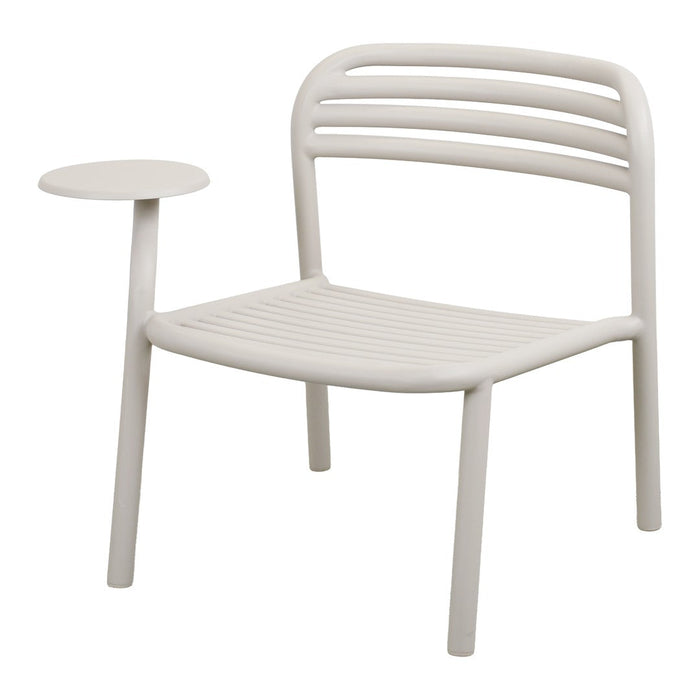 Light gray lounge chair with minimalist design and horizontal slat pattern, featuring a side table for convenience.