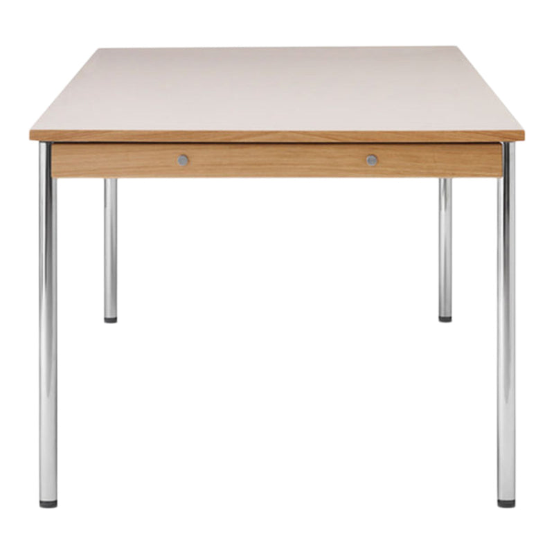 Light wood table with a smooth surface and chrome legs, featuring a simple, modern design without intricate patterns.