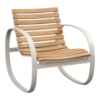 Natural wood slats with a light oak finish on a sleek silver metal frame. Modern, minimalist design for stylish comfort.