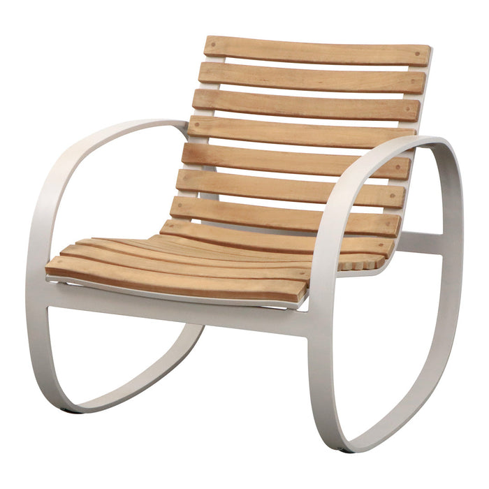 Wooden slatted rocking chair with natural wood finish and sleek silver metal frame, blending modern and rustic styles.