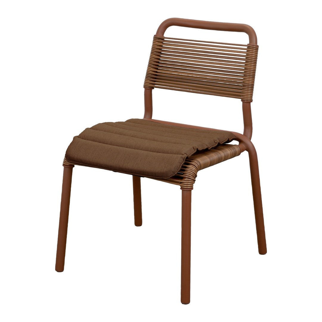 Brown woven chair with a sleek design, featuring horizontal patterns and a sturdy frame. Ideal for modern spaces.
