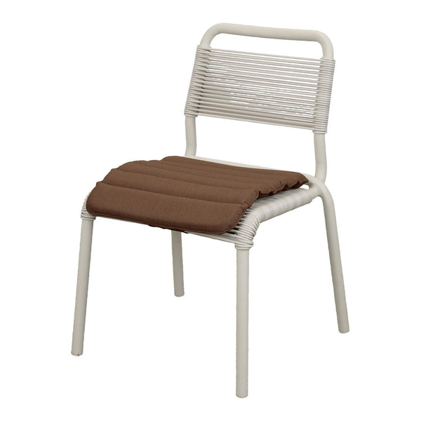 White rope chair with a brown padded seat cushion, featuring a modern, minimalistic design.
