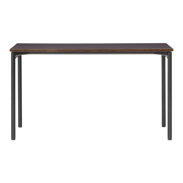 Rectangular table with a dark wood top and black metal legs, featuring a sleek, modern design and matte finish.