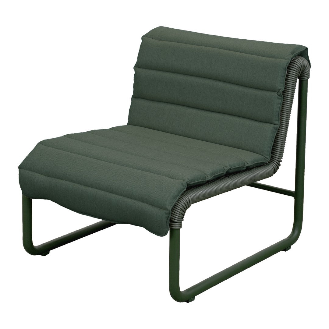 Green padded chair with a sleek, modern design and horizontal quilted pattern. Perfect for stylish lounging.