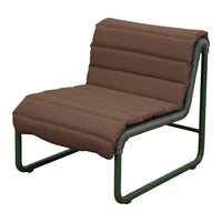 Brown cushioned lounge chair with a sleek green metal frame and soft, striped texture. Perfect for modern decor.