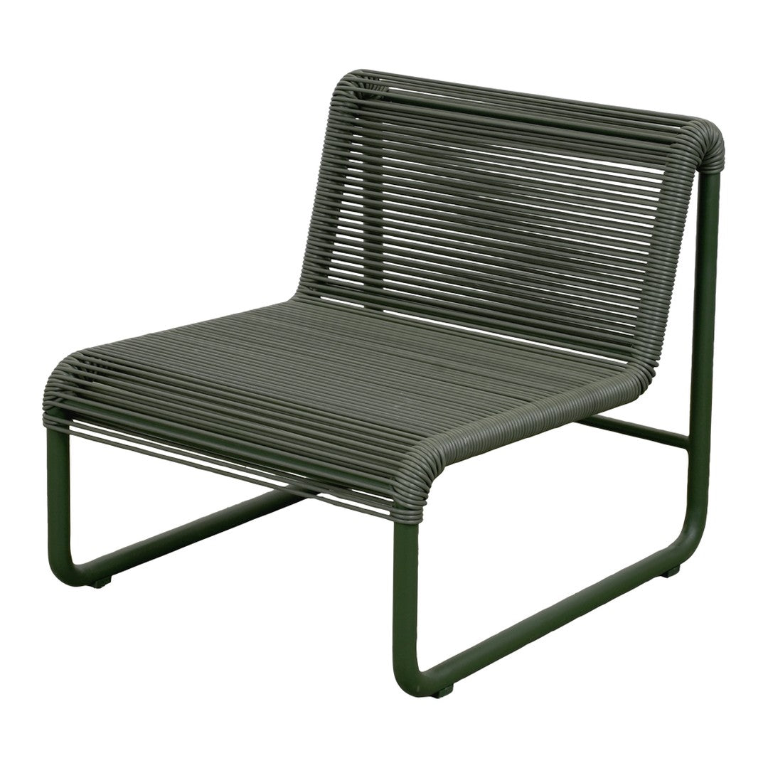 Green striped lounge chair with a modern design and sturdy metal frame. Perfect for outdoor or indoor use.