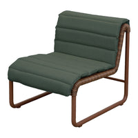Green cushioned lounge chair with a textured fabric and a brown metal frame, perfect for outdoor relaxation.