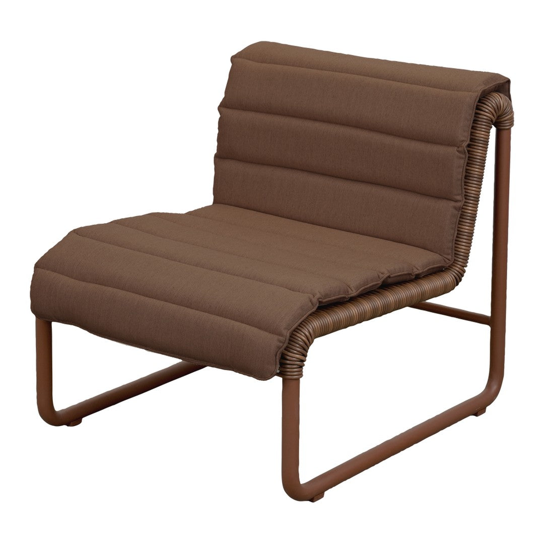 Light brown padded chair with horizontal stripes and a sleek, minimalist metal frame. Perfect for modern decor.