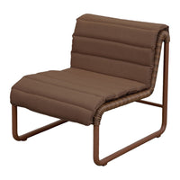 Light brown padded chair with horizontal stripes and a sleek, minimalist metal frame. Perfect for modern decor.