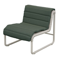 Dark green padded chair with a modern, minimalistic design and white metal frame. Perfect for contemporary decor.