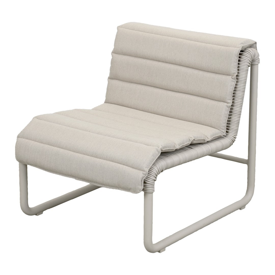 Beige ribbed fabric chair with a sleek, light gray frame, featuring a minimalist design for modern interiors.