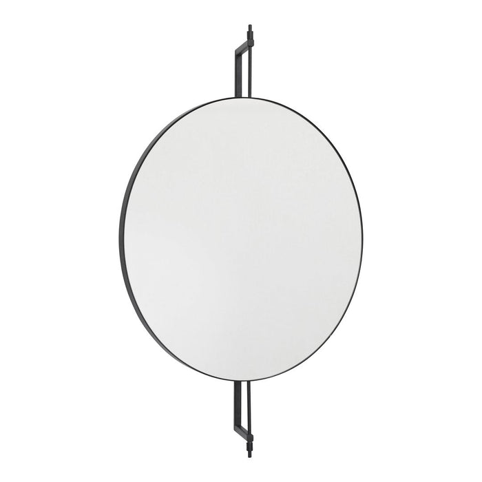 Round mirror with a sleek, black metal frame and minimalist design, featuring a smooth, reflective surface.