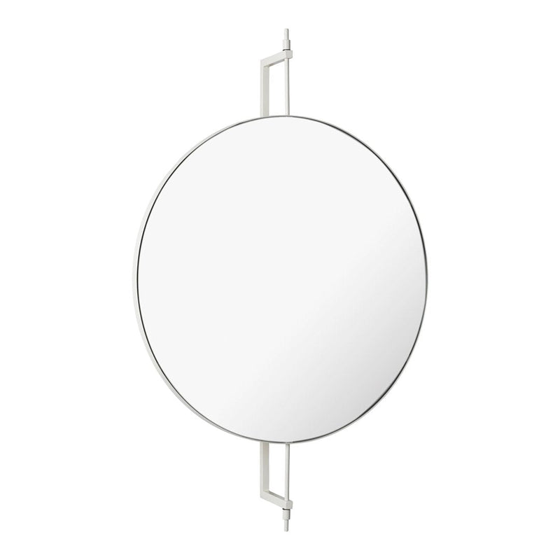 Round mirror with a sleek, minimalist design featuring a smooth white surface and polished silver accents.