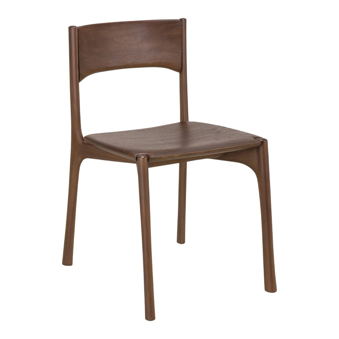 Brown wooden chair with a sleek, minimal design and smooth finish, perfect for modern interiors.