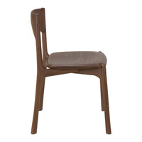 Side view of a modern wooden chair with a warm brown finish and a gray fabric seat, showcasing sleek lines and minimalist design.