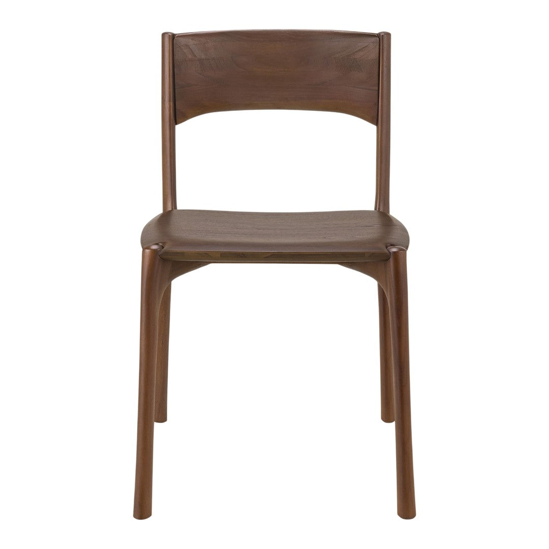 Brown wooden chair with a smooth finish and simple design, highlighting natural texture and warm tones.