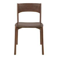 Brown wooden chair with a smooth finish and simple design, highlighting natural texture and warm tones.