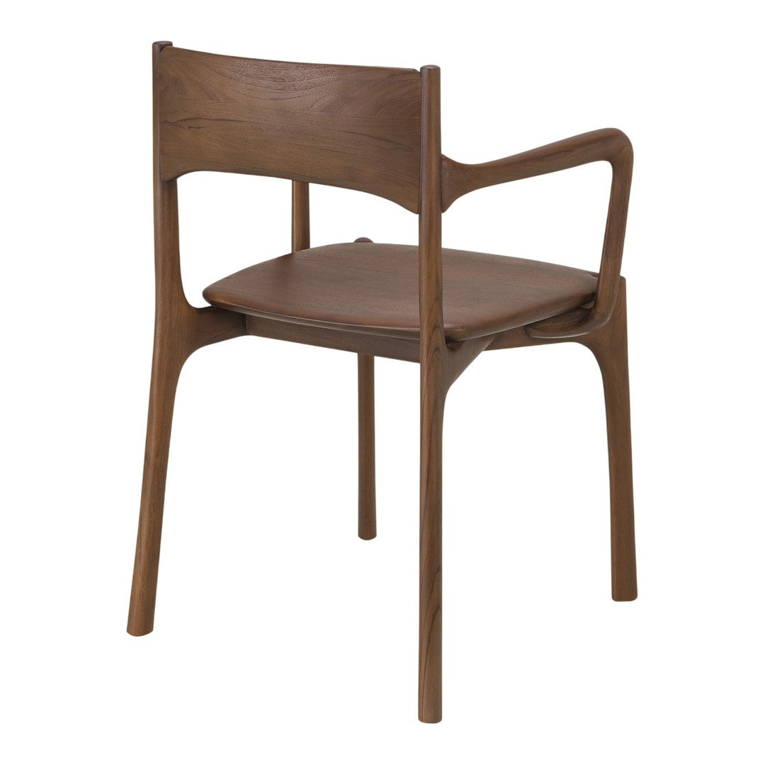 Wooden chair in rich brown with smooth, minimalist design and natural wood grain patterns. Ideal for modern decor.