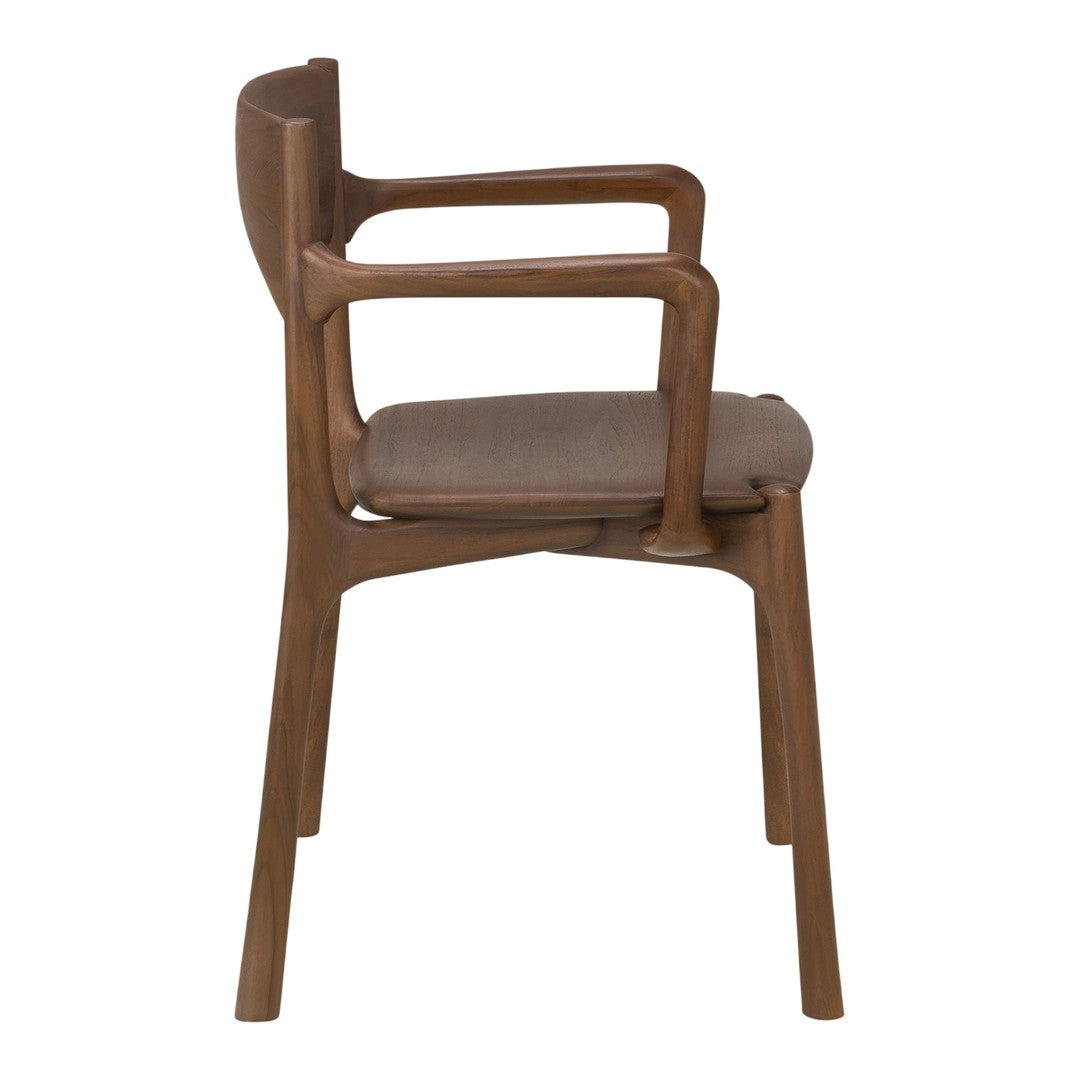 Wooden chair with a warm brown finish and a soft beige seat cushion, featuring smooth lines and minimalistic design.
