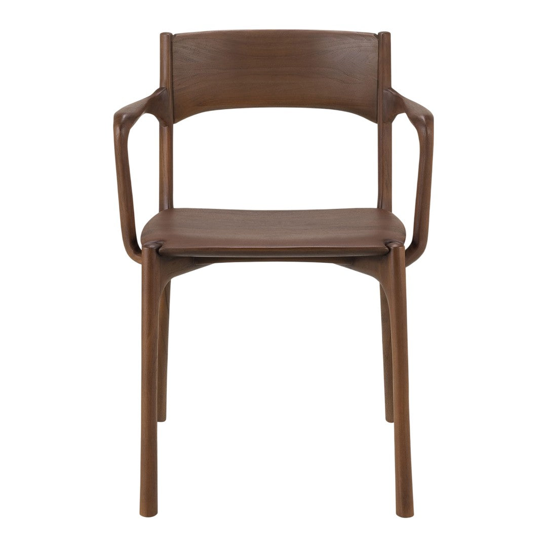Brown wooden chair with a sleek design and curved armrests, showcasing a modern minimalist aesthetic.