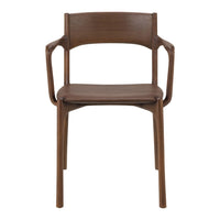 Brown wooden chair with a sleek design and curved armrests, showcasing a modern minimalist aesthetic.