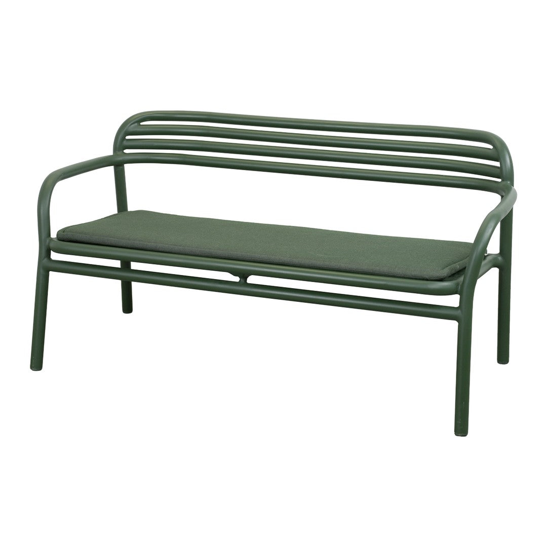 Green metal bench with a minimalist design and a matching green cushion for a sleek, modern look.
