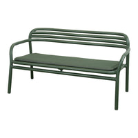 Green metal bench with a minimalist design and a matching green cushion for a sleek, modern look.
