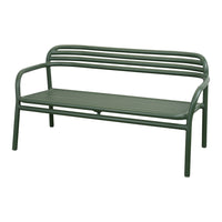 Green metal outdoor bench with sleek, horizontal slat design and minimalistic curves. Perfect for patio styling.