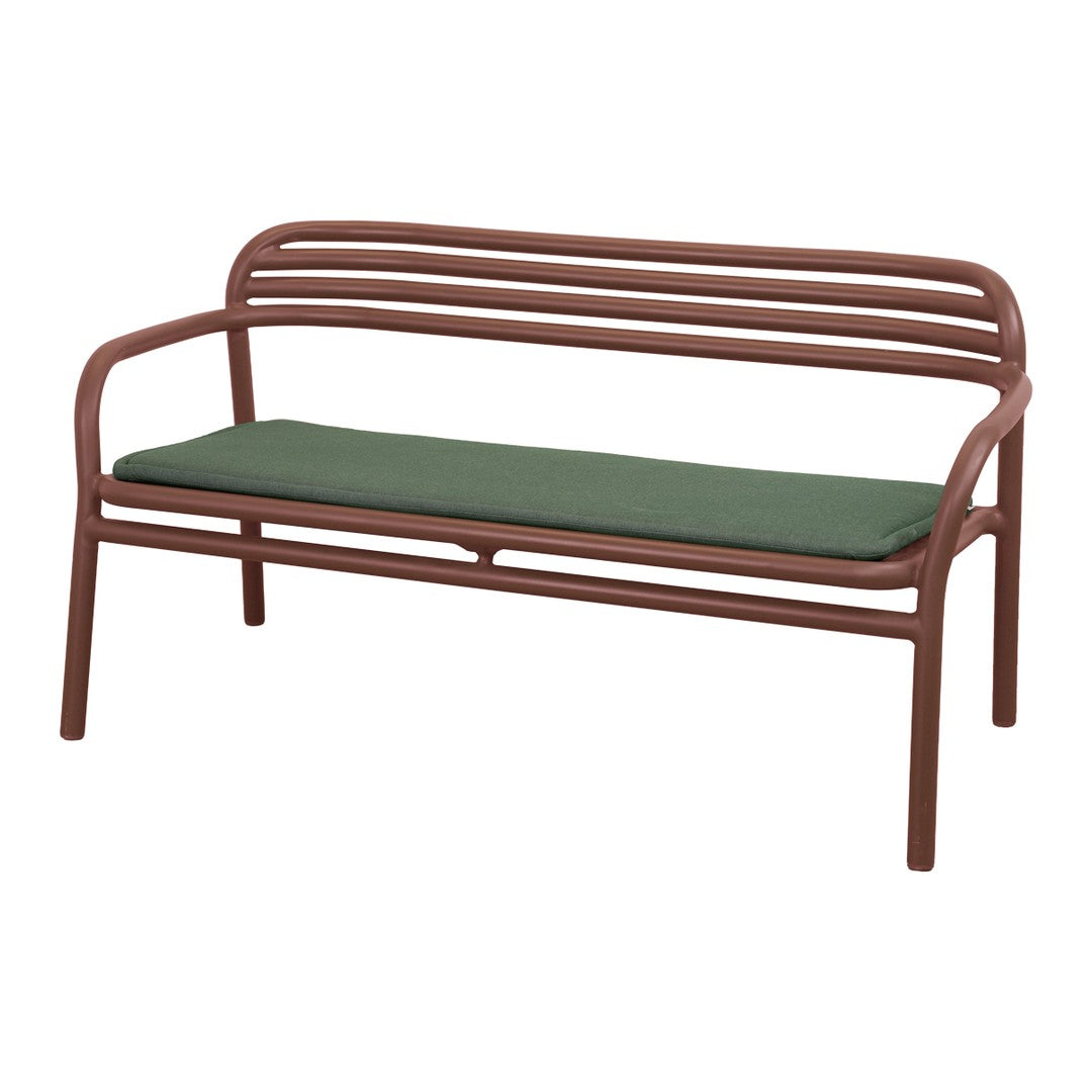 Brown metal bench with striped backrest and green cushion. Simple, modern design suitable for outdoor settings.