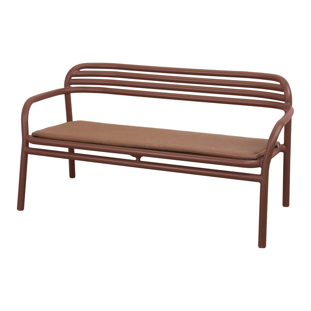 Brown metal bench with a sleek, striped design and a solid brown cushion for added comfort. Perfect for outdoor settings.