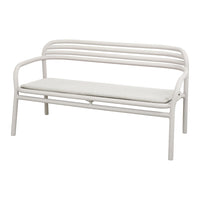 White metal bench with a minimalist slatted design and light gray cushioning. Perfect for modern outdoor settings.