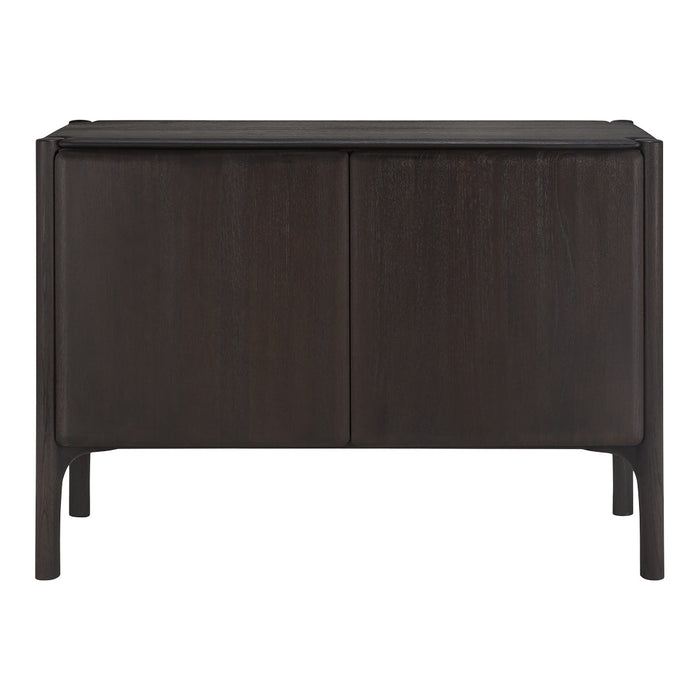 Dark wooden sideboard with a smooth finish and minimalist design, featuring two flat-panel doors and sleek edges.
