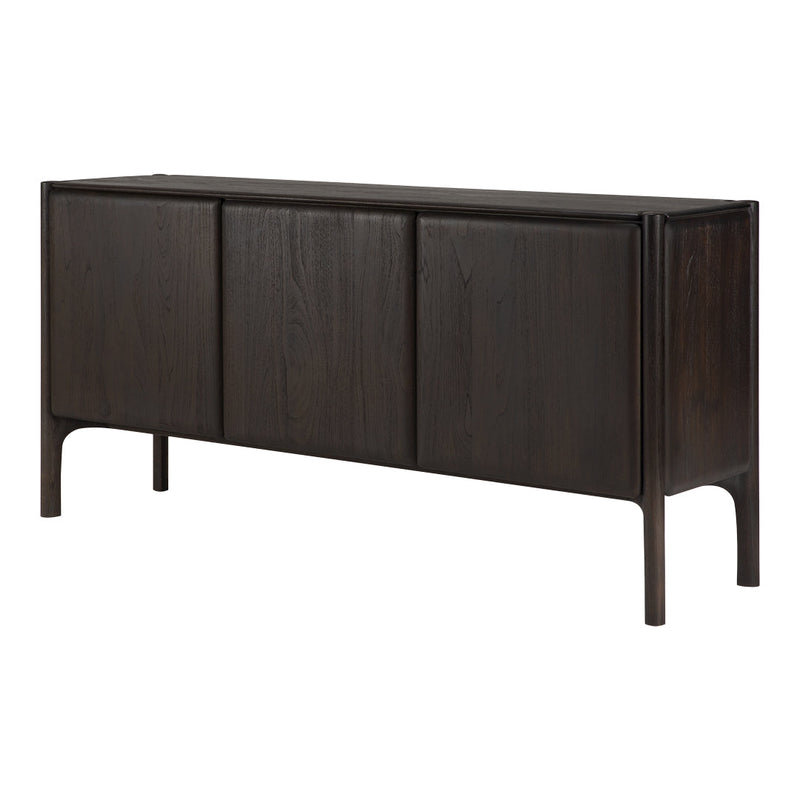 Dark wood sideboard with sleek lines and a matte finish, featuring three smooth panel doors.