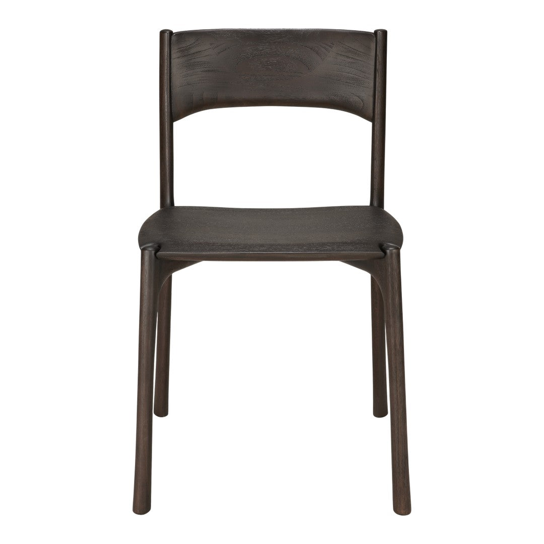 Dark wooden chair with a smooth finish and minimalistic design, showcasing rich brown tones and natural wood grain patterns.