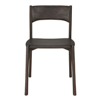 Dark wooden chair with a smooth finish and minimalistic design, showcasing rich brown tones and natural wood grain patterns.
