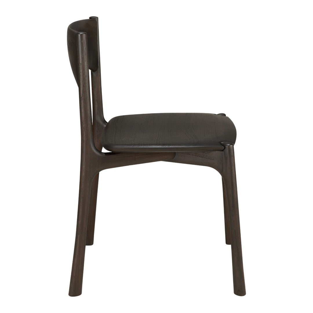 Dark wood chair with a sleek, smooth texture and deep brown upholstery. Modern design with minimalistic lines.
