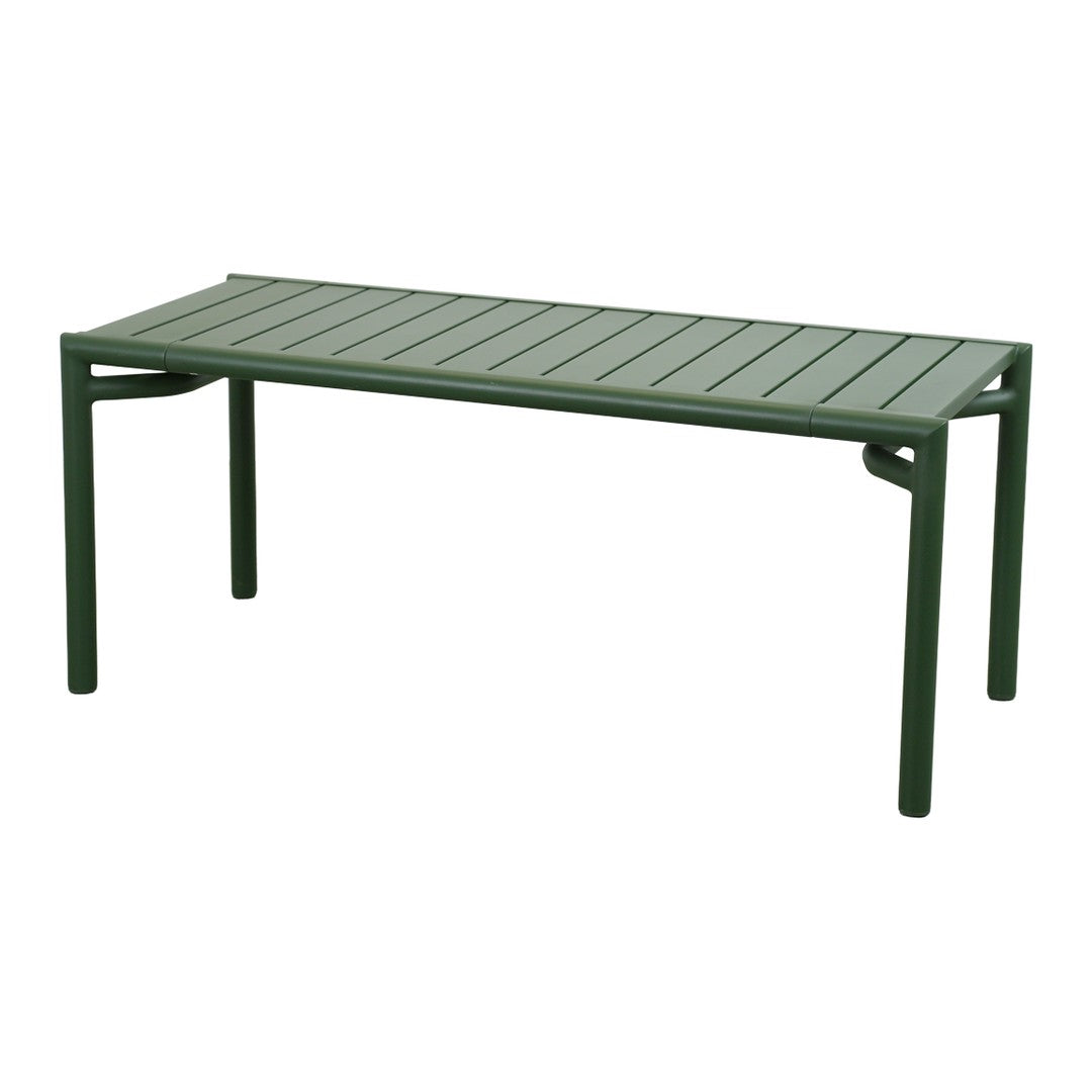Green outdoor table with horizontal slat pattern, perfect for patio or garden use. Durable and stylish design.