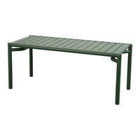 Green outdoor table with horizontal slat pattern, perfect for patio or garden use. Durable and stylish design.