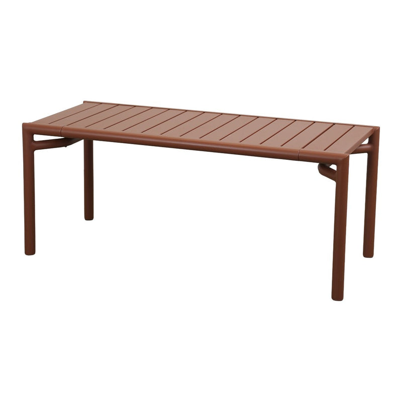 Rust-colored rectangular table with slatted design and sturdy legs, perfect for modern outdoor spaces.