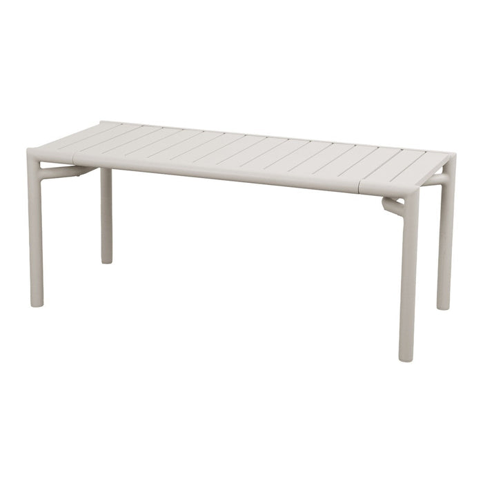 Light gray rectangular table with a slatted design, perfect for modern outdoor or indoor spaces.