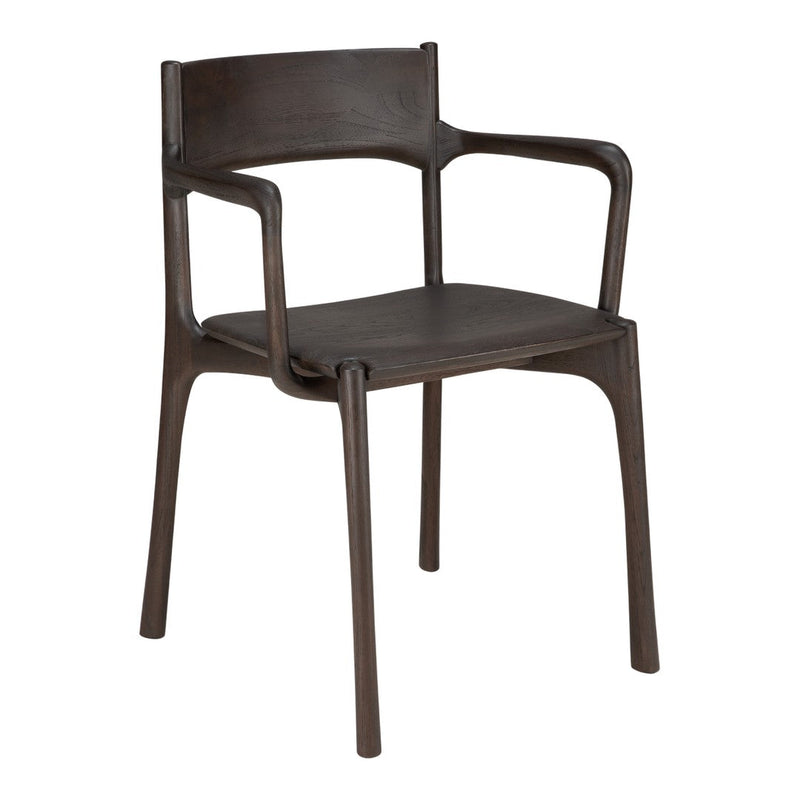 Dark brown wooden chair with a sleek, minimalist design and smooth grain pattern. Perfect for modern decor.