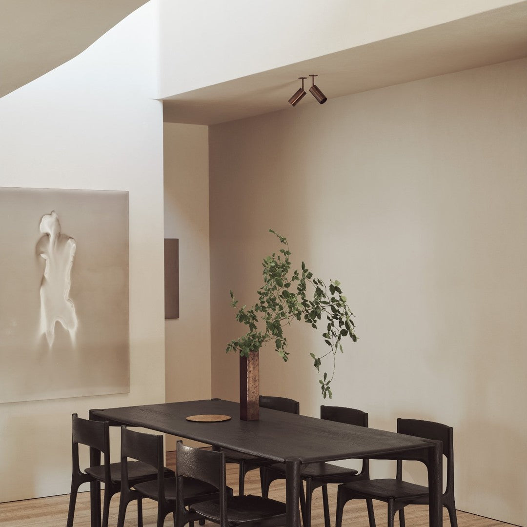 Modern dining room with a light beige wall, dark wooden table and chairs, accented by greenery and abstract art.