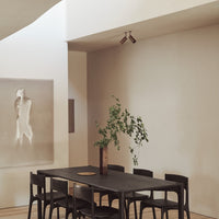 Modern dining room with a light beige wall, dark wooden table and chairs, accented by greenery and abstract art.