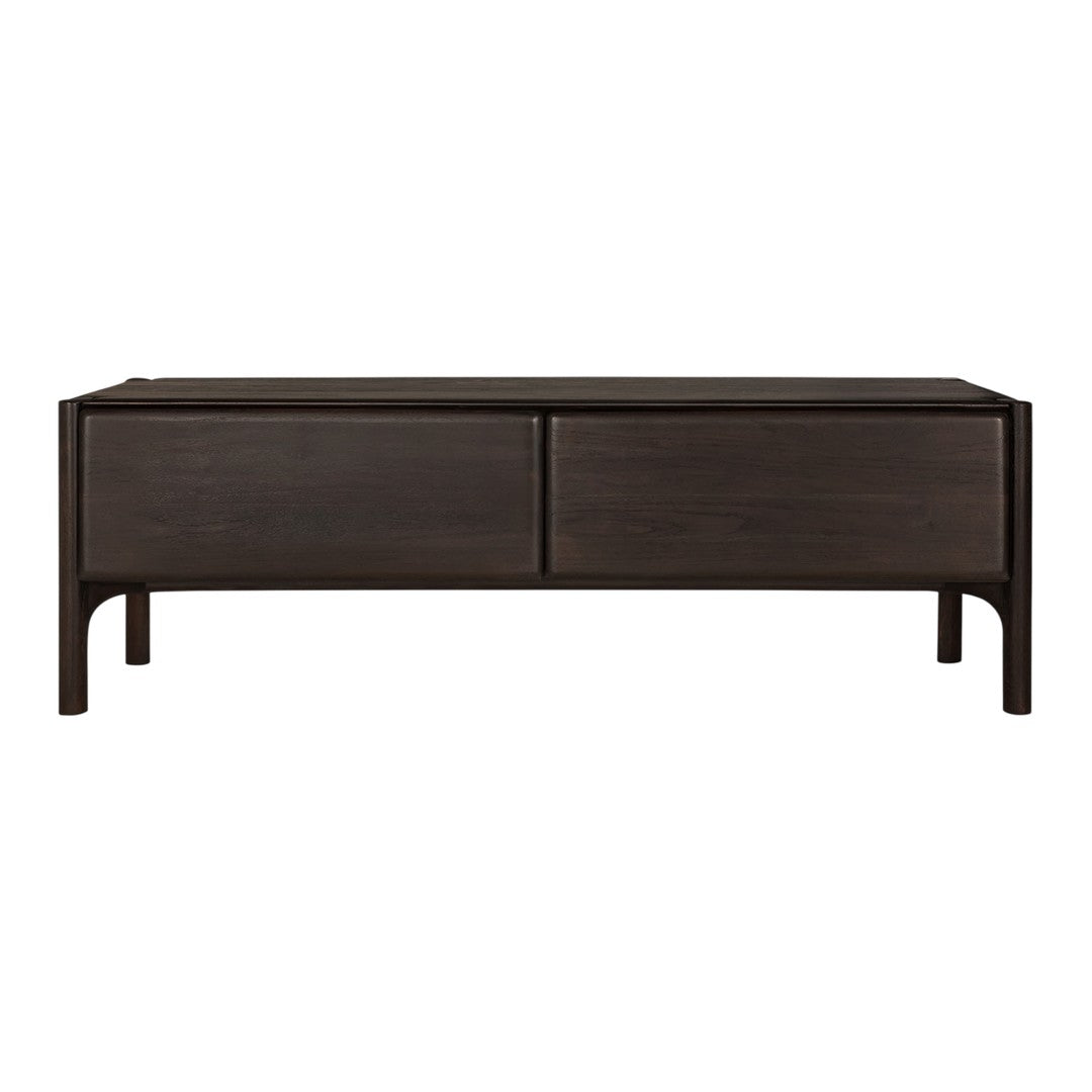 Dark brown wooden coffee table with a smooth finish and minimalist design, featuring two spacious drawers.