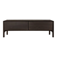 Dark brown wooden coffee table with a smooth finish and minimalist design, featuring two spacious drawers.