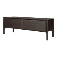 Dark brown wooden storage bench with a sleek, minimalistic design and smooth, matte finish.