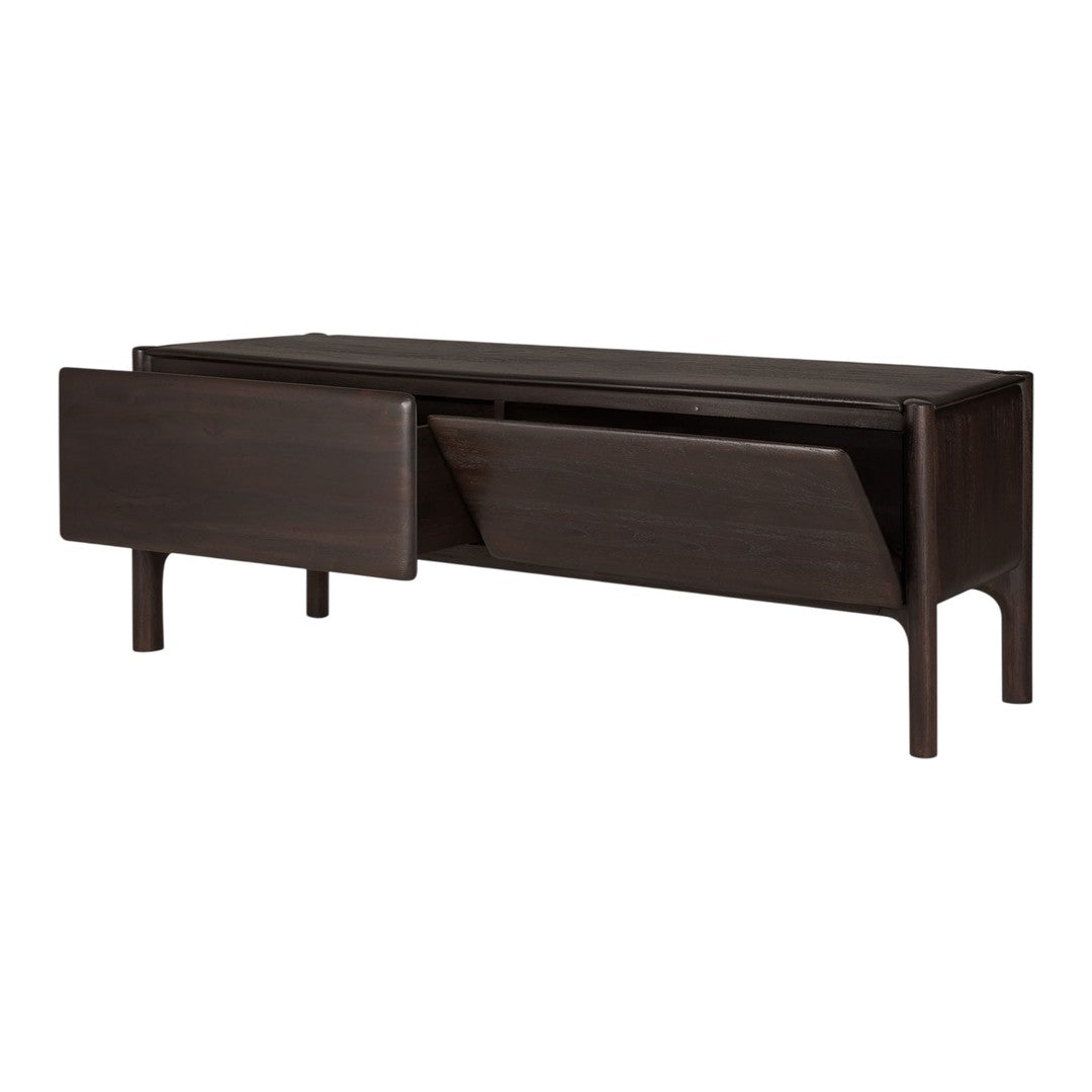 Dark wood TV stand with a smooth finish and minimalist design, featuring two modern, angled doors.